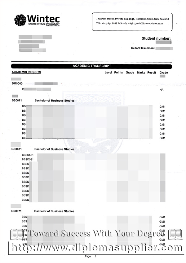 Waikato Institute of Technology transcript, Waikato Institute of Technology diploma