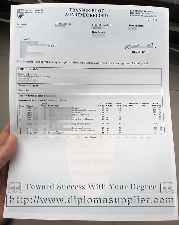 UBC transcript, University of British Columbia transcript