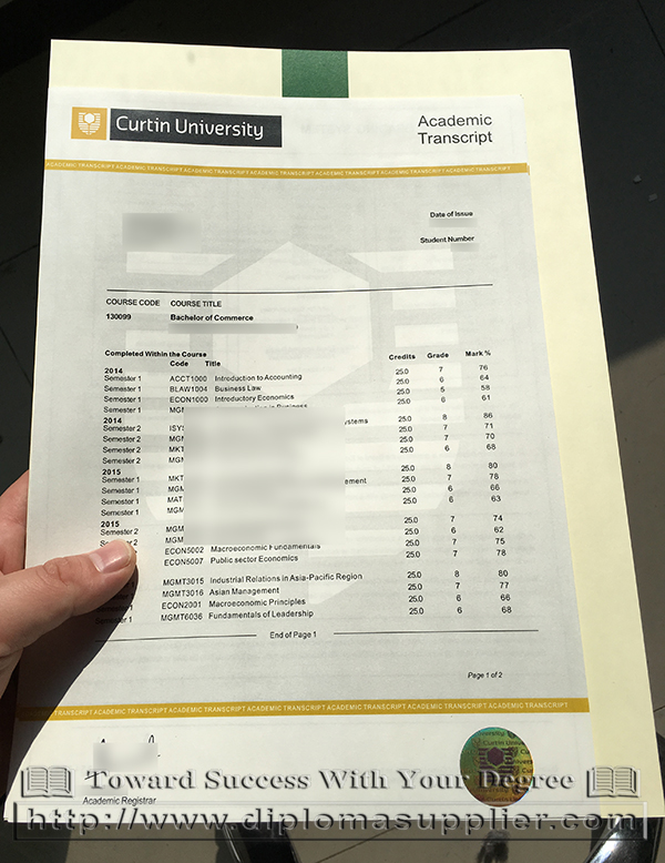 Curtin University transcript, Curtin University academic transcript